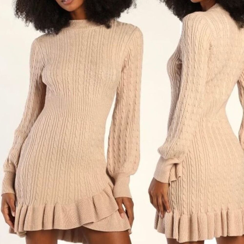 Lulus Fall Cutie Sweater Dress Womens L Beige Cable Knit Mini Mock Neck Ruffled